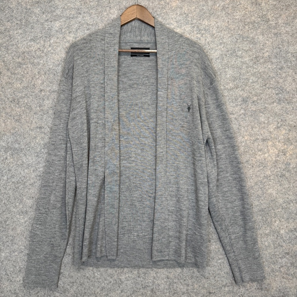 AllSaints Mode 100% Merino Wool Open Cardigan Sweater Mens 2XL Ribbed Ramskull